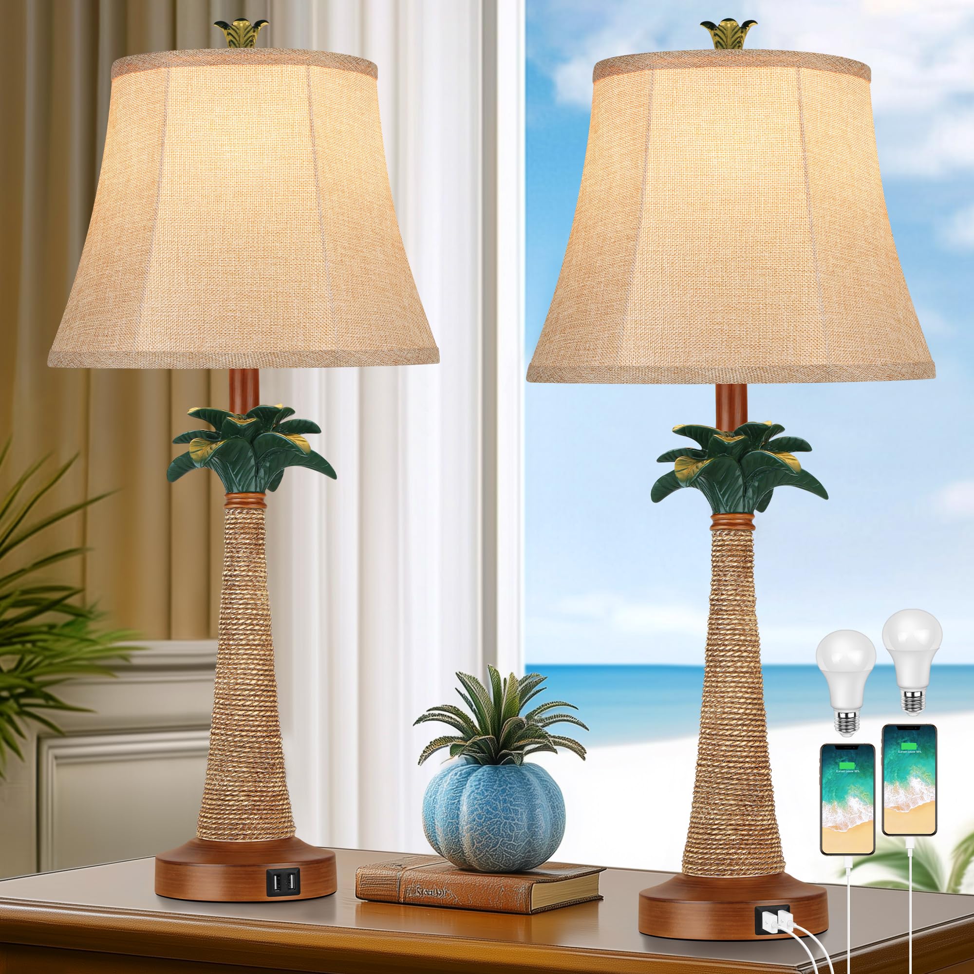 Hamucd Set of 2 Coastal Palm Tree Table Lamps with 2 USB Ports for